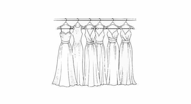Sketch of six different long dresses hanging on a rack