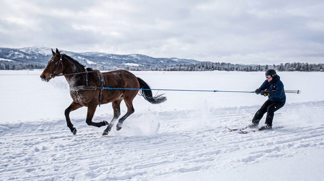 Horse pulls skier across snowy ground with mountains in the distance on a winter day