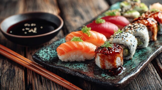 Sushi platter with assorted rolls and sashimi on wooden table