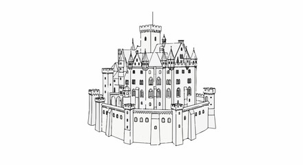 Obraz premium Ornate castle with many towers and crenelated walls, in a sketch style
