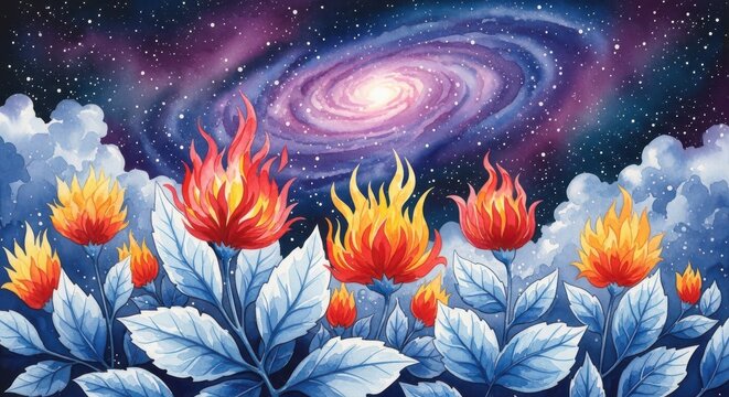 Vibrant flowers with petals shaped like flickering flames grow under a swirling cosmic galaxy.