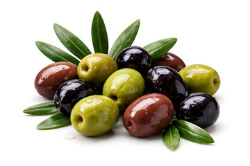 Obraz premium Premium selection of glossy green, black, and kalamata olives arranged with fresh olive leaves. The fruits feature a natural shine and tiny water droplets, isolated on a clean white background.