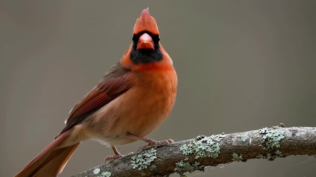 Male Northern Cardinal Perched on Branch with Lichen, Bright Red Songbird Profile with Distinctive Crest and Black Face Mask