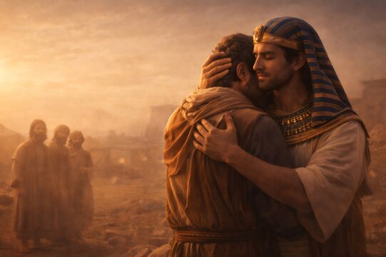 Joseph embracing brother forgiving betrayal in ancient land