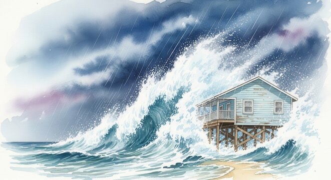 Coastal cottage stands resilient against the force of a powerful storm surge.