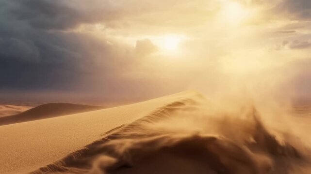 Majestic desert landscape with shifting sand dunes illuminated by golden sunlight. Capturing the beauty and tranquility of nature's vastness