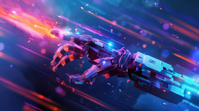 Futuristic Robotic Arm with HUD Background and Low Poly Design