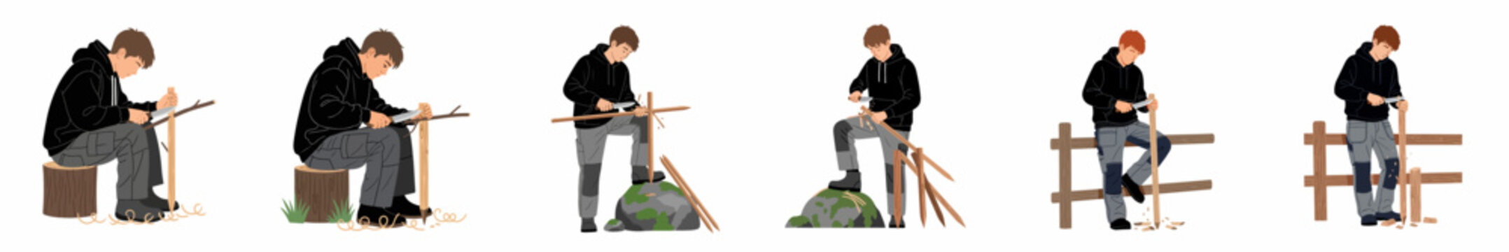 Illustrations of a young man whittling wood with a knife in various outdoor settings, wearing a black hoodie and cargo pants.