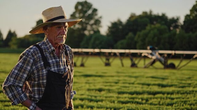 Farmer working in field at sunset. Man wears straw hat and checks crops. Agricultural landscape shows irrigation system in background. Peaceful rural atmosphere.