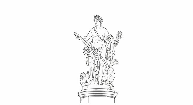 Classical statue of a robed figure holding a staff and laurel