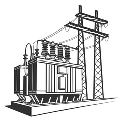 Obraz premium A detailed black and white illustration depicts a large electrical substation with transformers and high voltage power lines high quality professional modern