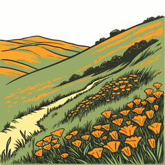 Naklejka premium A stylized illustration depicts a winding dirt path leading through a vibrant hillside covered in golden california poppies high quality professional detailed