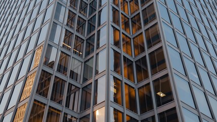 Fototapeta premium Architectural detail of a modern glass skyscraper corner with intriguing reflections and geometric patterns