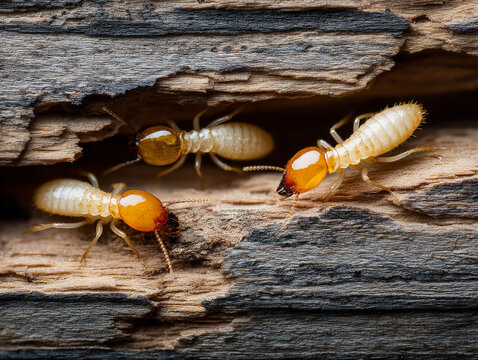 Close-up of termites crawling on a damaged wooden surface