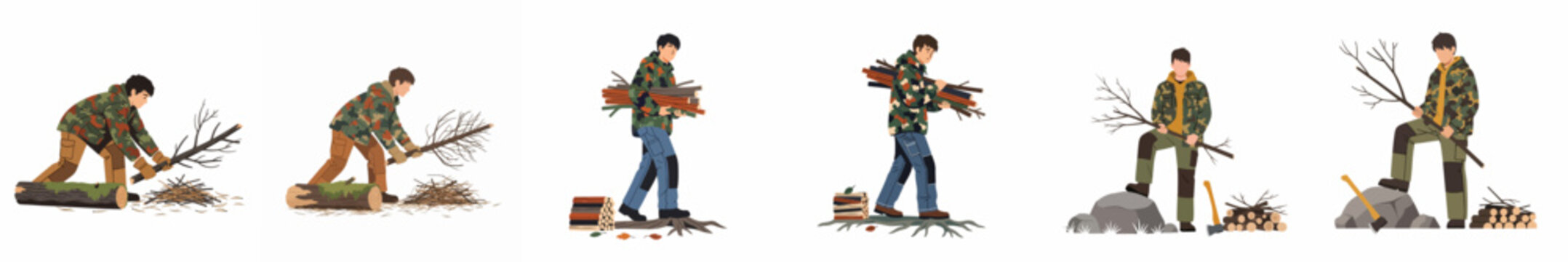 Set of flat illustrations showing a man in camouflage jacket gathering branches, carrying wood, and chopping firewood in the forest.