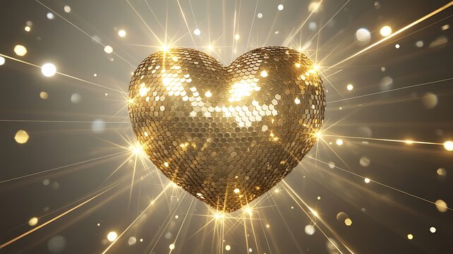 Brilliant golden sequin heart emanating powerful radiant light rays for luxurious celebratory festive moments