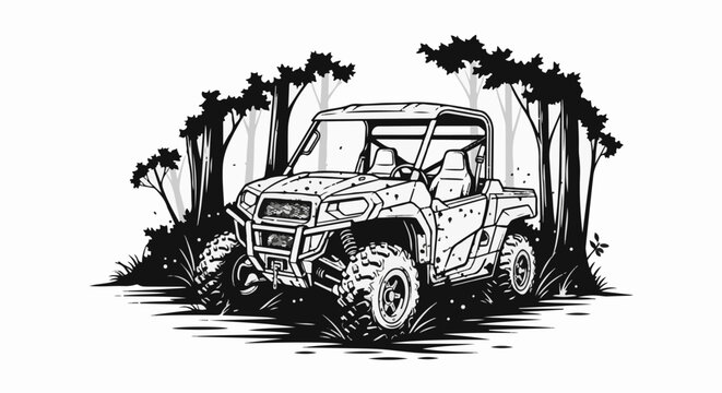 All-terrain vehicle parked amidst silhouetted trees and foliage in a monochrome illustration