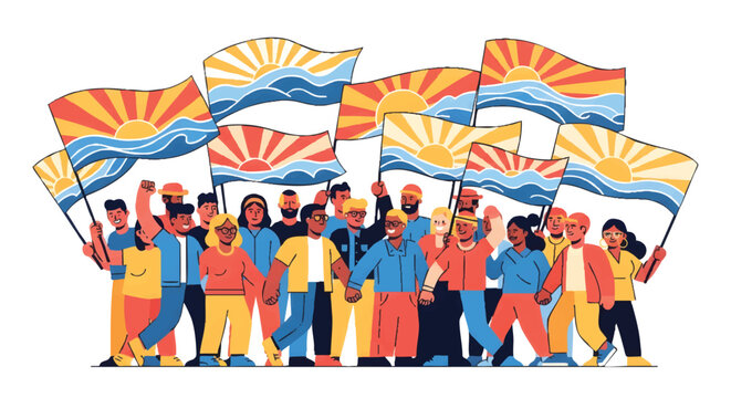 Diverse group of people holding Arizona state flags in celebration