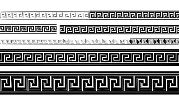 A set of Greek key pattern borders in various black and white designs