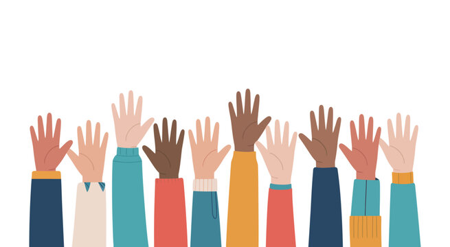 Diverse group of multicultural hands raised in the air representing volunteering participation questions shared consensus teamwork flat vector illustration.