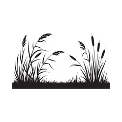 A striking black silhouette depicts tall grasses and cattails against white © motiur vector artist