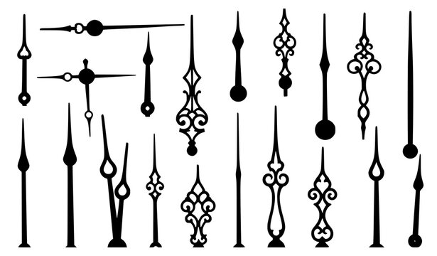 A collection of various clock hands in a minimalist black and white design