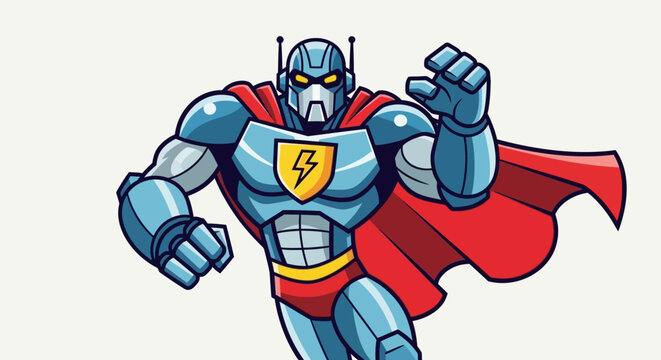 Powerful robot superhero character with red cape and armor.