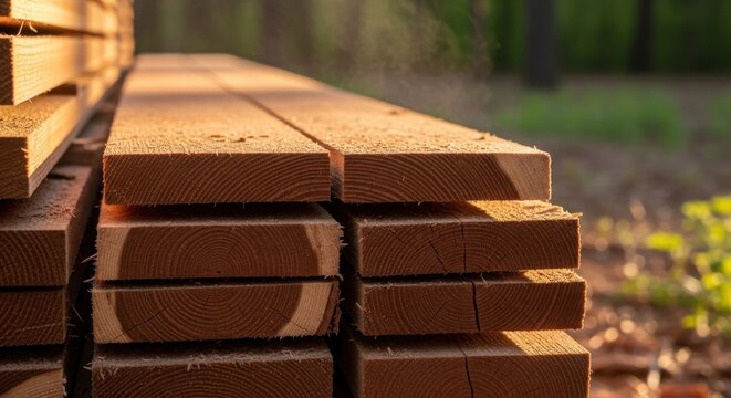 Stacked Cedar Wood Planks with Visible Grain in a Forest Setting Bathed in Warm Sunlight