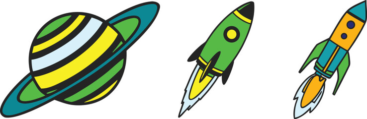Colorful Space Exploration Set: Retro Style Vector Illustration of Rocket Ships and Saturn Planet © Muktadir Billa