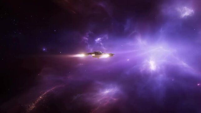Futuristic spaceship traveling through a vibrant cosmic nebula. Represents exploration, adventure, and the vastness of space
