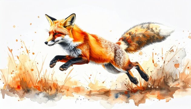 Fox in Mid-Air: An orange fox gracefully leaps through the air, amidst watercolor splashes that evoke a sense of freedom and natural beauty.
