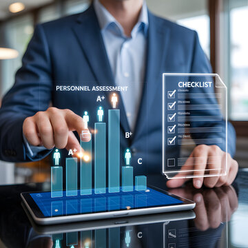 HR Personnel Assessment Concept With Manager Hand Holding Rating Scale Pointer and Digital Checklist Display for Employee Evaluation