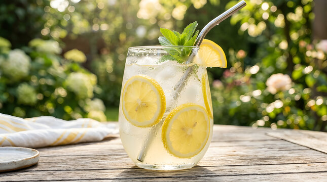 Glass of lemonade with a straw and lemon for summer drink menu, restaurant social media posts, refreshing beverage advertisements.