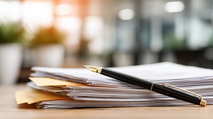 Fototapeta premium Close-Up of Business Documents Stacked with a Fountain Pen Resting on a Table in a Modern Office Environment