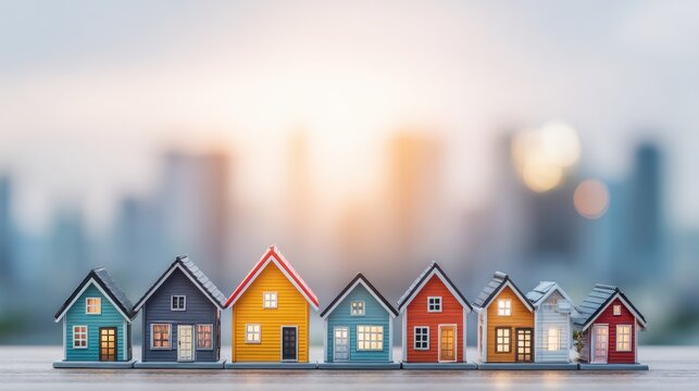 Colorful miniature houses in a row against a blurry city skyline with soft sunlight in the background creating a dreamy atmosphere