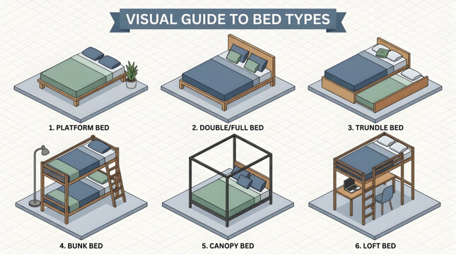 Isometric vector illustration of various bed types collection. Visual guide including platform bed, double bed, trundle bed, bunk bed, canopy bed, and loft bed with desk.