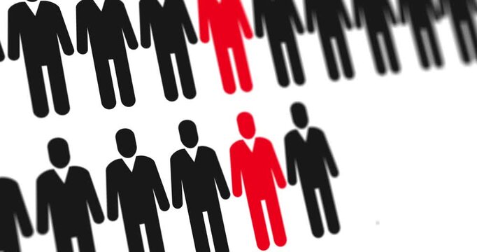 Appearing silhouettes of people row with one of a kind person, unusual or unique red man, uncommon concept, footage