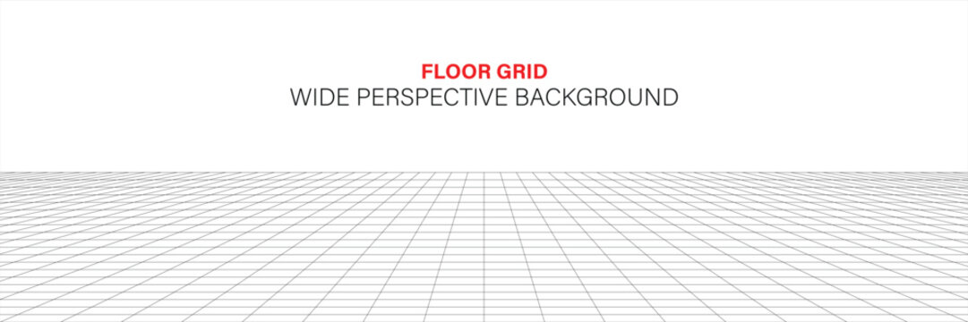 Abstract 3D Perspective Transparent Grid Floor Background with Black Lines, Wide Empty Studio Room Horizon for Graphic Design, Architectural Wireframe Plane and Professional Overlay