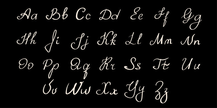 Elegant cursive script alphabet with uppercase and lowercase letters, handwritten calligraphy font set, decorative flowing typography for invitations and branding