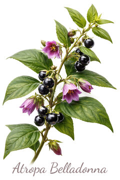 Atropa belladonna deadly nightshade plant with flowers and berries isolated on white background