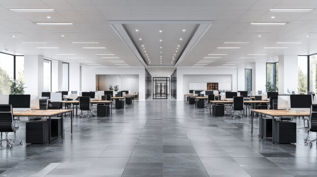 Modern bright office interior with empty workspaces, large windows, contemporary furniture, and minimalistic design elements