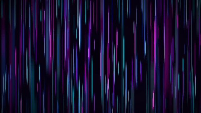 Abstract background of falling neon light streaks in vibrant purple and teal colors on a dark backdrop
