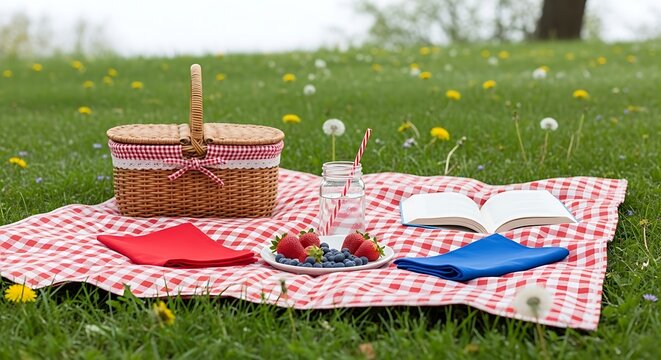 Summer Picnic Scene with Wicker Basket Fresh Berries Drink and Book on Checkered Blanket in Nature