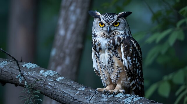 Intense wild owl with glowing amber eyes sitting calmly on a gnarled tree branch in forest