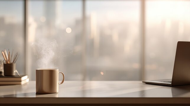 Serene Morning Workspace with Coffee Mug, Laptop and Soft Morning Light Shining through Modern Office Window