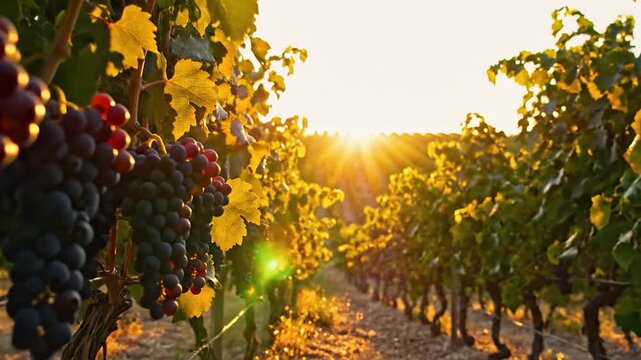 A beautiful vineyard with ripe purple grapes hanging on vines during a warm golden sunset