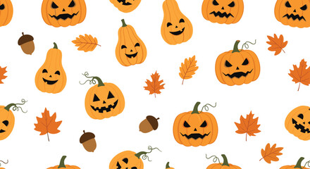Fototapeta premium Fun Halloween seamless pattern with various carved pumpkins, jack-o-lanterns, autumn leaves, and acorns on white.