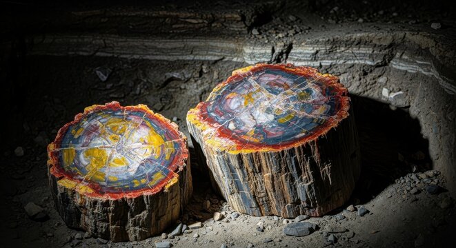 Vibrant Petrified Wood Slices Displaying Intricate Fossilized Tree Rings and Colorful Agate Patterns