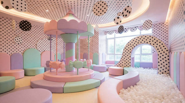 Whimsical pastel indoor playground with carousel and ball pit for children