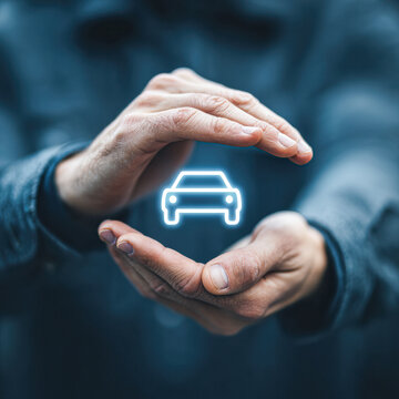 A person"s hands protectively surround a glowing car icon, symbolizing vehicle protection, insurance, or safety.
